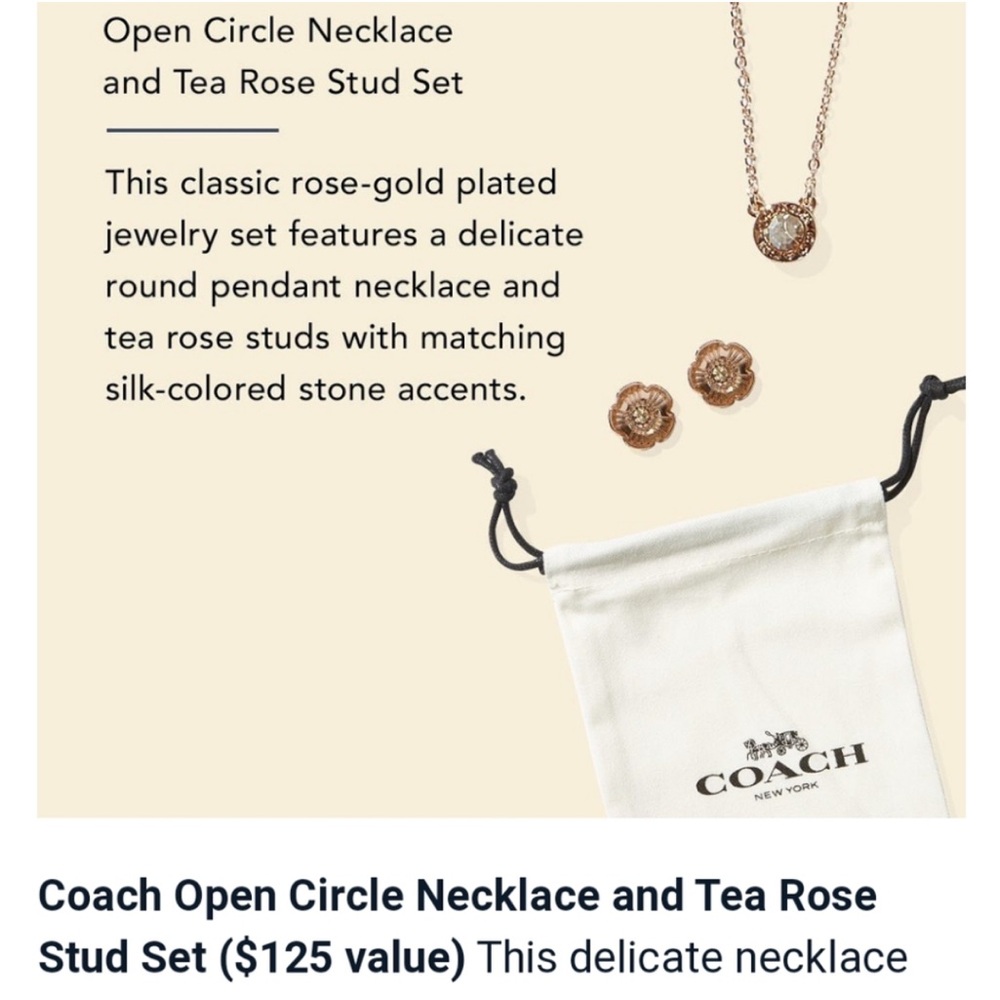 Coach Rose Gold Open Circle Necklace and Tea Rose Stud Earrings Set NWT - Picture 8 of 8